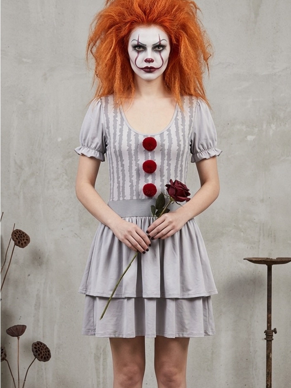 Women's Light Gray pennywise Tiered Short Sleeve Dress with Red Pom Accents cost